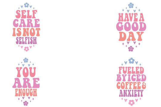 self-care is not selfish, have a good day, you are enough, Fueled by Iced Coffee and Anxiety retro wavy keychain designs