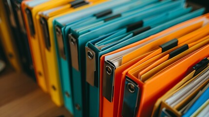 A detailed image of colorful file folders neatly arranged on a desk each labeled with different subjects showing perfect office organization and document management in an organized workspace
