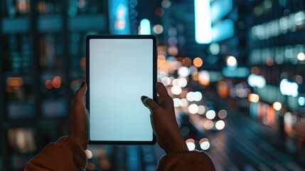 Hands Holding Tablet Against Bokeh City Lights.