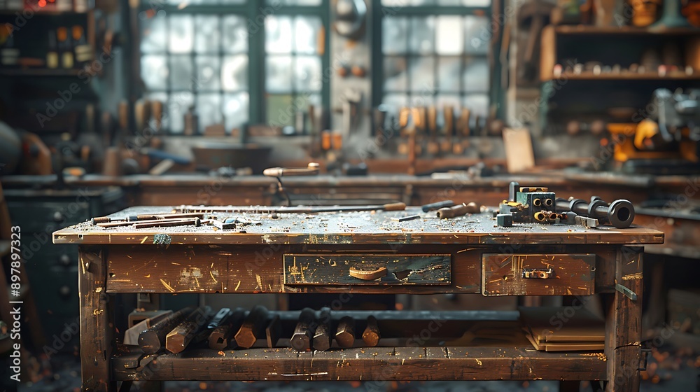 Poster A cinematic photograph of a carpenter's workbench, neatly placed carpentry tools, warm afternoon light casting long shadows, detailed textures of the tools and wooden bench, focus on central tools,