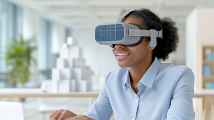 A professional woman wearing a virtual reality headset, smiling and engaging with digital content in a modern office environment, showcasing the integration of VR technology in professional settings.