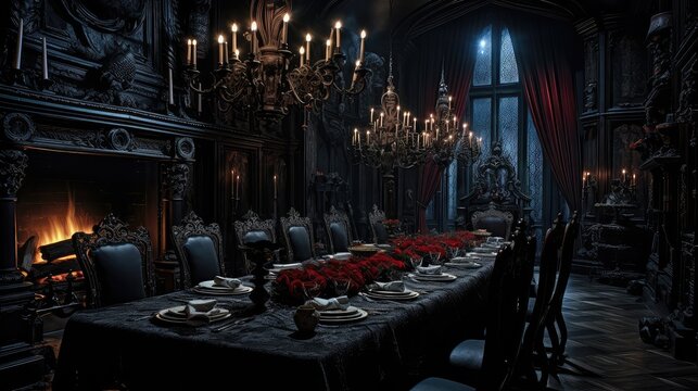 wooden dark dining room - Powered by Adobe