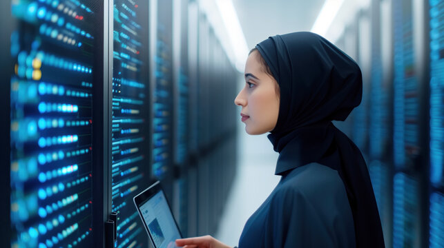 A female IT technician wearing a black hijab checks servers in a data center, illustrating the role of women in technology and data management.