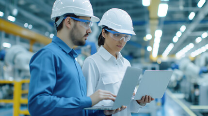 Two engineers in safety helmets and glasses work on laptops in a high-tech manufacturing facility, focused and engaged, surrounded by advanced machinery and equipment.