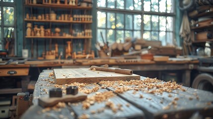 A cinematic photograph of a crafting workbench, neatly arranged craft tools and materials, soft natural light from a nearby window, detailed textures of the tools and materials,