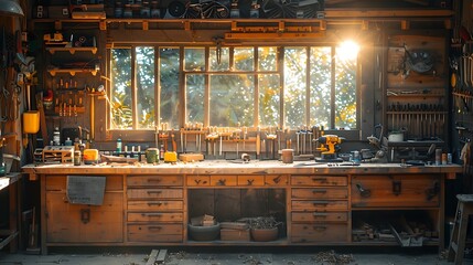 A cinematic photograph of a craftsman's workbench, meticulously organized woodworking tools, morning sunlight creating a soft glow, intricate details on the tools, slightly blurred background,