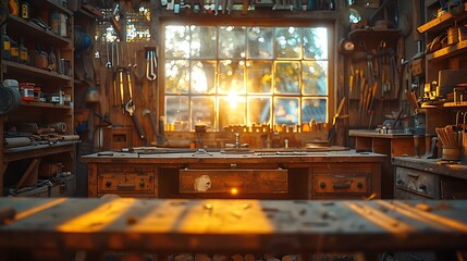 Naklejka premium A cinematic photograph of a craftsman's workbench, perfectly arranged woodworking tools, golden sunlight filtering through a nearby window, detailed textures of the wooden bench,