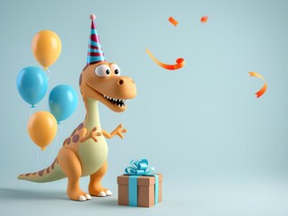 Obraz premium Adorable dinosaur character with a birthday hat and a wrapped gift, balloons floating nearby, on a pale blue backdrop, cheerful and celebratory scene
