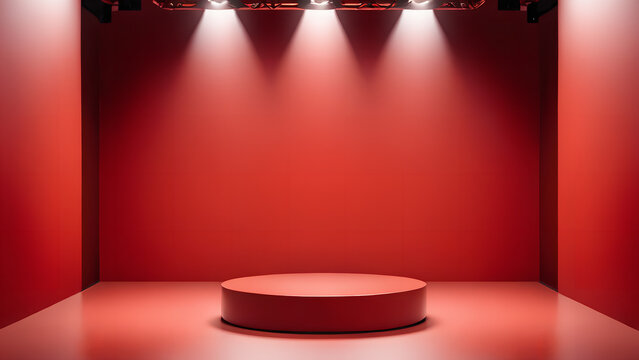 Red pedestal of platform display Stand podium on red room background