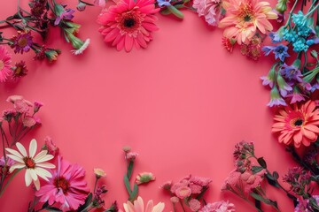 Fototapeta premium Summer floral frame with colorful flowers on red background. Copy space for text. Valentine's or Mother's Day concept