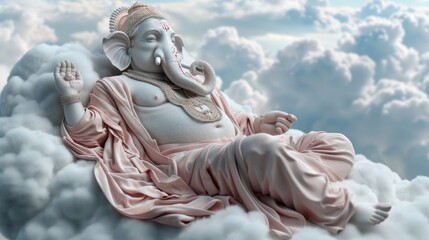 Serene Ganesha Deity Reclining on Dreamy Cloud with Divine Aura and Ornate Details