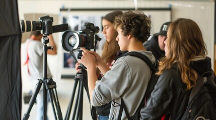 High resolution image of high school photography club students taking pictures with digital cameras discussing techniques in a studio setting showcasing creativity and teamwork