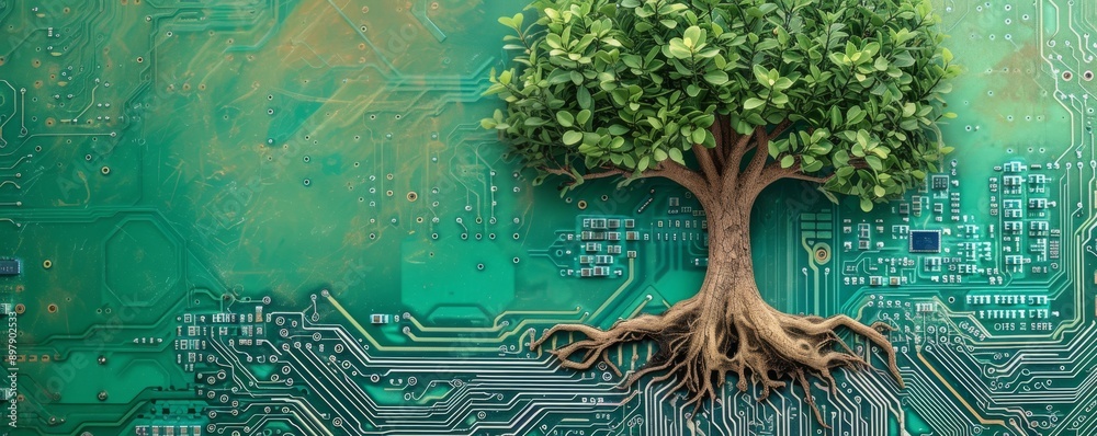 Poster tree growing on a circuit board, blending nature and technology concept
