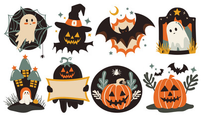 Set of isolated Halloween decoration elements for sticker, badge, tag or label in cute graphic illustration on transparent background, Volume 9: vivid orange, green, yellow and black color tone.