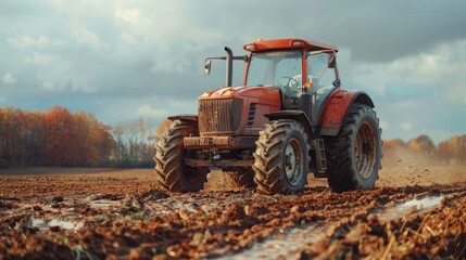 Red Tractor Working in a Field