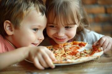 Two children are eating pizza together. One of them is holding a slice of pizza. They are both smiling and enjoying their meal