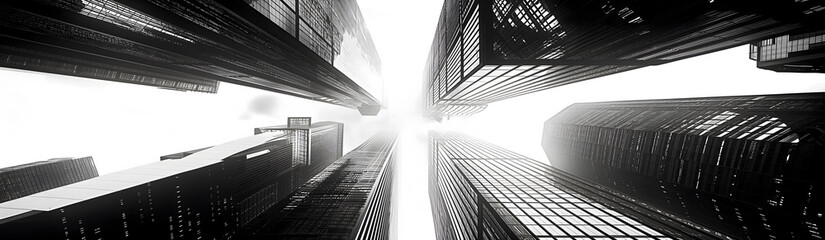 Fototapeta premium Stunning black and white architectural photography featuring high-rise buildings set against an upward-looking city skyline, perfect for art and wallpaper