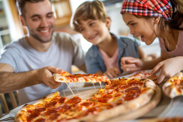 family of four is enjoying a pizza together. The man is holding a pizza slice while the children are also holding slices. Scene is happy and family-oriented