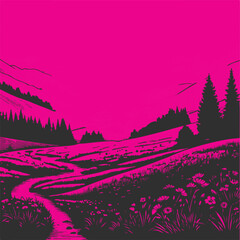 a pink and white painting of a forest with a trail in the middle.