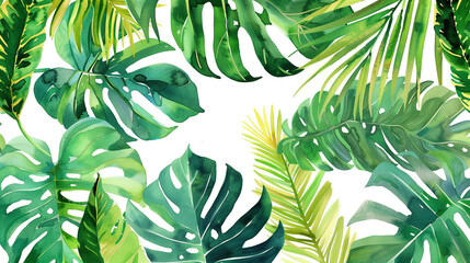 Tropical exotic leaves or plant watercolor pattern for summer background and beach wallpaper. Abstract tropical pattern with bright plants and leaves on a light background. Jungle leaf floral backdrop
