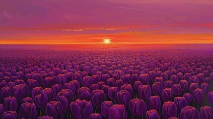 Obraz premium A field of purple flowers with a sun in the sky