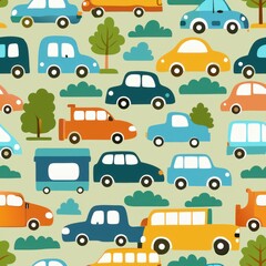 Seamless pattern of playful car and truck silhouettes, ideal for nursery decor, Generative AI