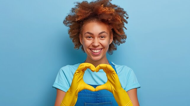 A happy young lady with a blue blouse and yellow cleaning gloves forms a heart with her hands on a vivid blue backdrop.