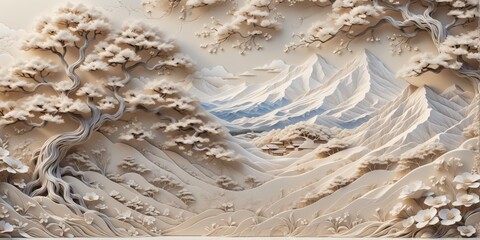 3D relief sculpture landscape scene background is light beige co