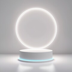 White cylinder podium with light neon circle