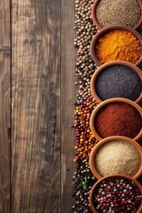 Fototapeta premium Vibrant Selection of Mexican Spices Artfully Arranged on Wooden Tabletop with Copy Space