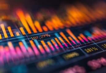 A close up of a growth chart with an upward trend, showing bars and lines