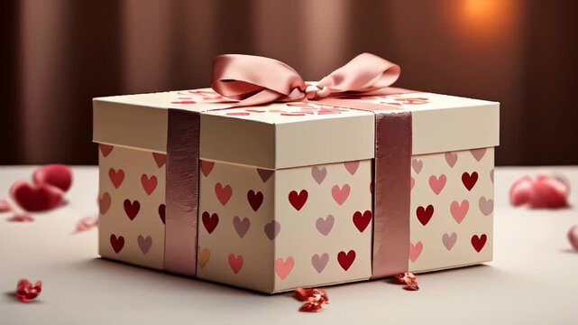 Gift box with pink ribbon and heart pattern