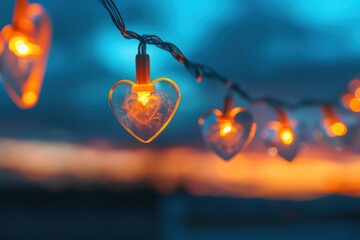 An enchanting string of heart-shaped lights against a twilight sky, casting a soft blue glow that illuminates the romantic scene. This creates a magical ambiance perfect for love and celebration.




