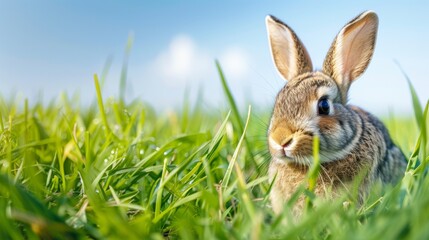 Adorable rabbit sitting in lush green grass under a blue sky, capturing the essence of nature and wildlife in a serene outdoor setting.
