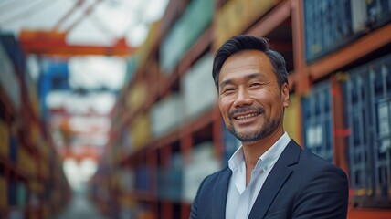 Portraits of confident businessmen in a bustling shipping yard, surrounded by shipping containers.