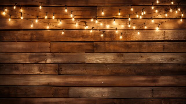 cozy rustic wood background with lights