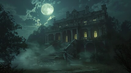 Mysterious mansion with moonlit sky.
