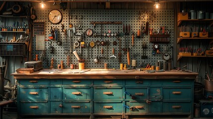 A cinematic photograph of a metalworker's workbench, precisely organized metalworking tools, golden hour sunlight illuminating the scene, intricate details on the tools and metal surfaces,