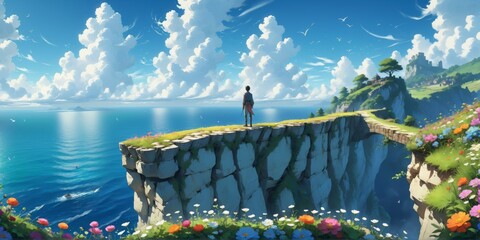 Person standing edge cliff overlooking ocean is covered lush gre