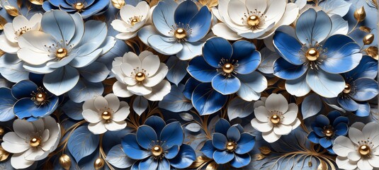 Close-up group blue white flowers gold accents are arranged symm