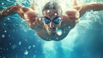 Intense Swimmer Breaking Through Pool Surface, Capturing Dynamic Olympic Sports Concept