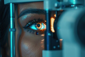 A patient undergoing a modern eye exam, highlighting focused vision, in observance of Cataract Awareness Month. This scene represents an ophthalmology concept.




