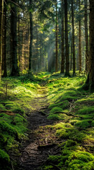 Fototapeta premium Forest path covered with moss in sunlight, tranquil nature scene