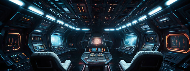 A detailed illustration of the interior of an alien spaceship, showcasing advanced technology, control panels with glowing lights, and an otherworldly design, with space for text.