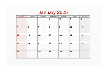 January 2025 Calendar page for 2025 year isolated on white background, Save clipping path.