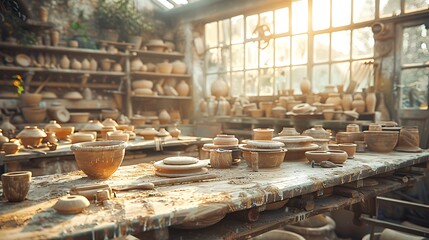 A cinematic photograph of a pottery workbench, precisely organized pottery tools, soft sunlight creating a cozy atmosphere, intricate details on the tools and clay, central focus on key tools,
