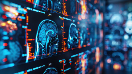 Monitors displaying detailed brain scans in a high-tech medical laboratory, showcasing advanced neuroscience research.