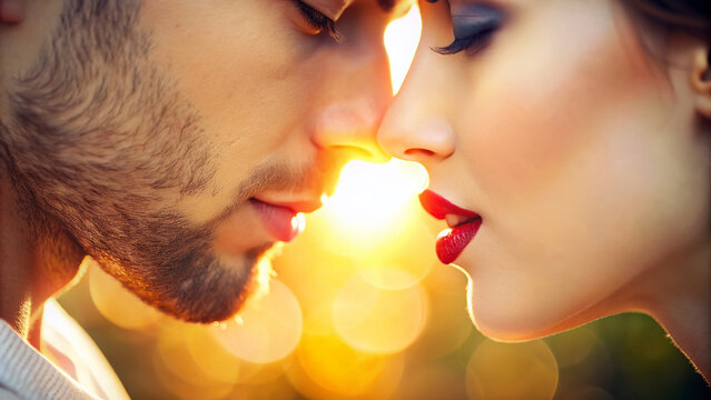 Soft focus romantic close up of tender lips about to touch, gentle sunlight highlights delicate facial features, conveying love, intimacy, and tender affection.