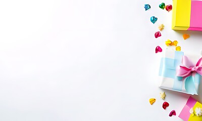 solid white color birthday background and a colorful gift box, Christmas, festival Background, Generative AI
