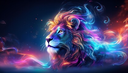 A vibrant, artistic depiction of a lion, infused with colorful swirls and a mystical aura, symbolizing strength and beauty.